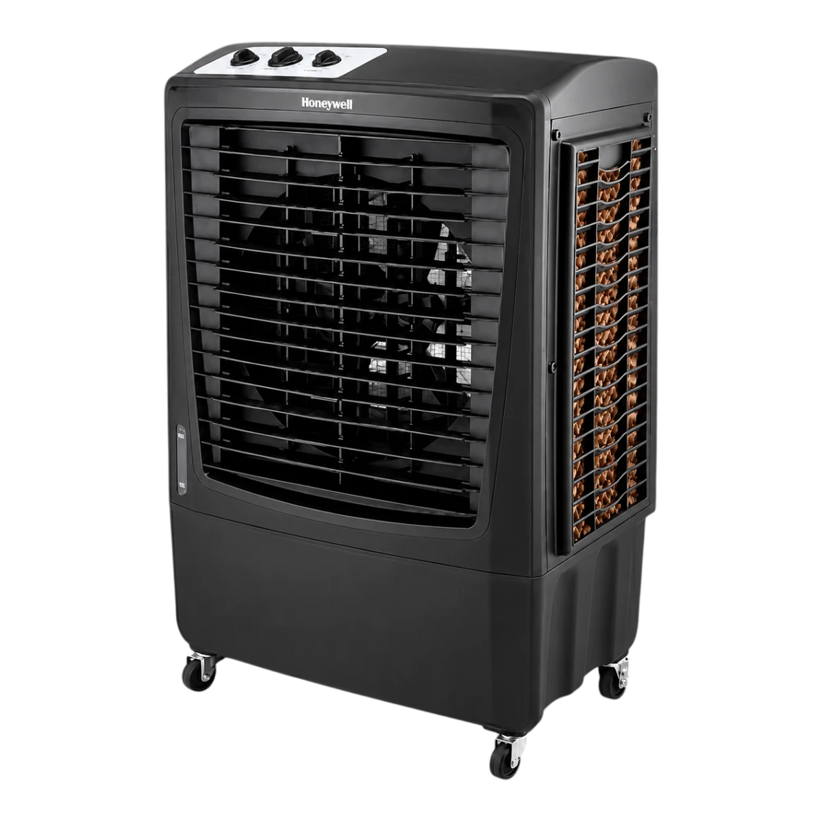Dulceria 915 Honeywell black portable evaporative cooler with 2100 CFM power, weather-resistant and energy-efficient design.