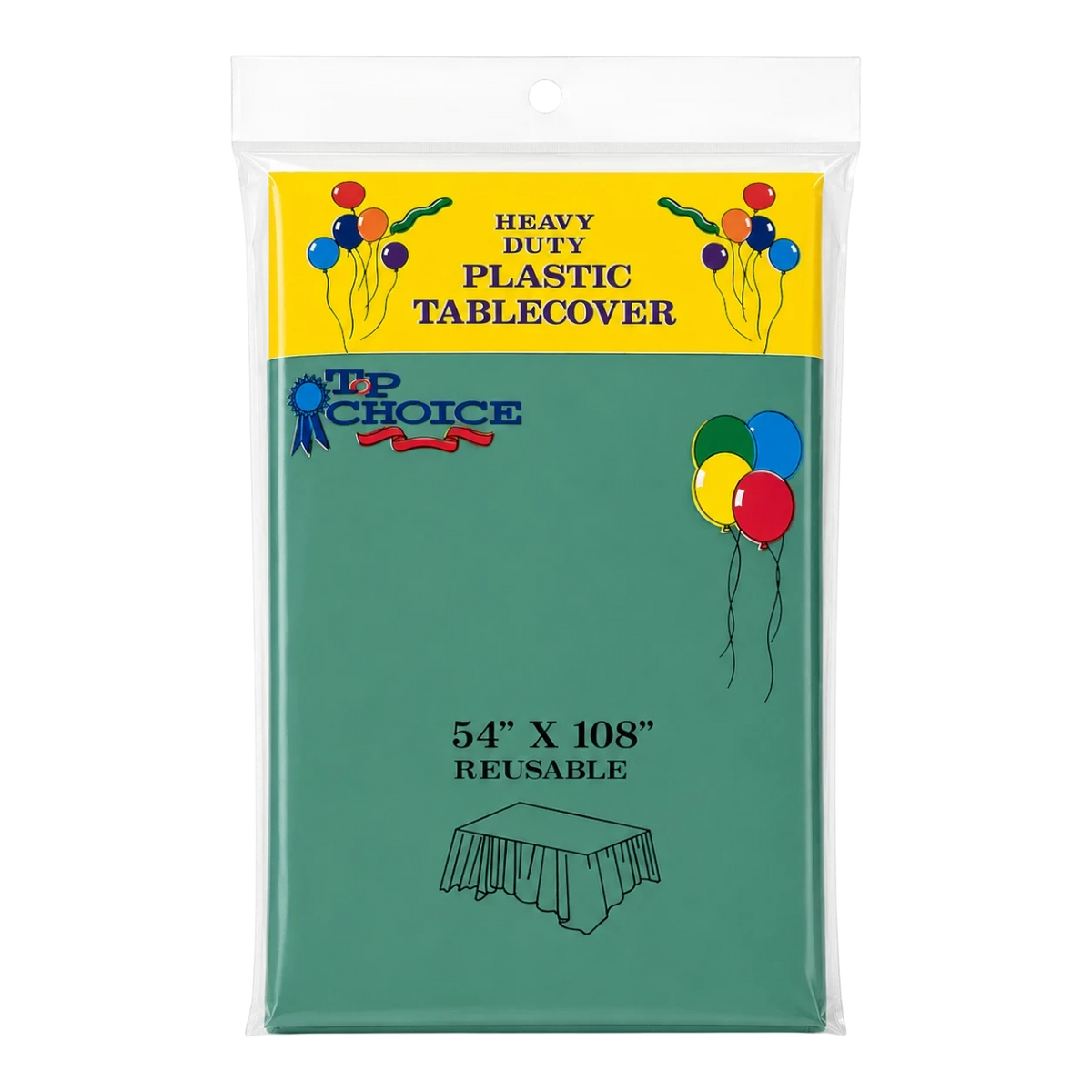 Dulceria 915 hunter green plastic disposable tablecloth in packaging, measuring 54 by 108 inches for party events.