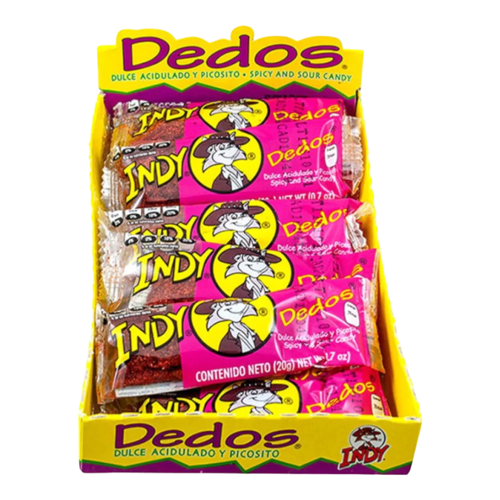 Dulceria 915 Indy Dedos spicy tamarind finger candy, bright red and chewy, coated in chile with tangy fruit notes.
