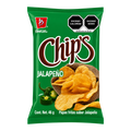Dulceria 915 Chip's Jalapeño kettle-cooked potato chips in a green bag with sliced jalapeños.