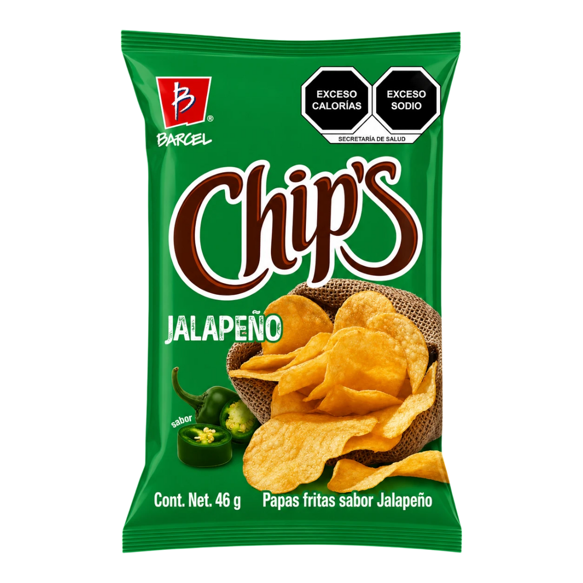 Dulceria 915 Chip's Jalapeño kettle-cooked potato chips in a green bag with sliced jalapeños.