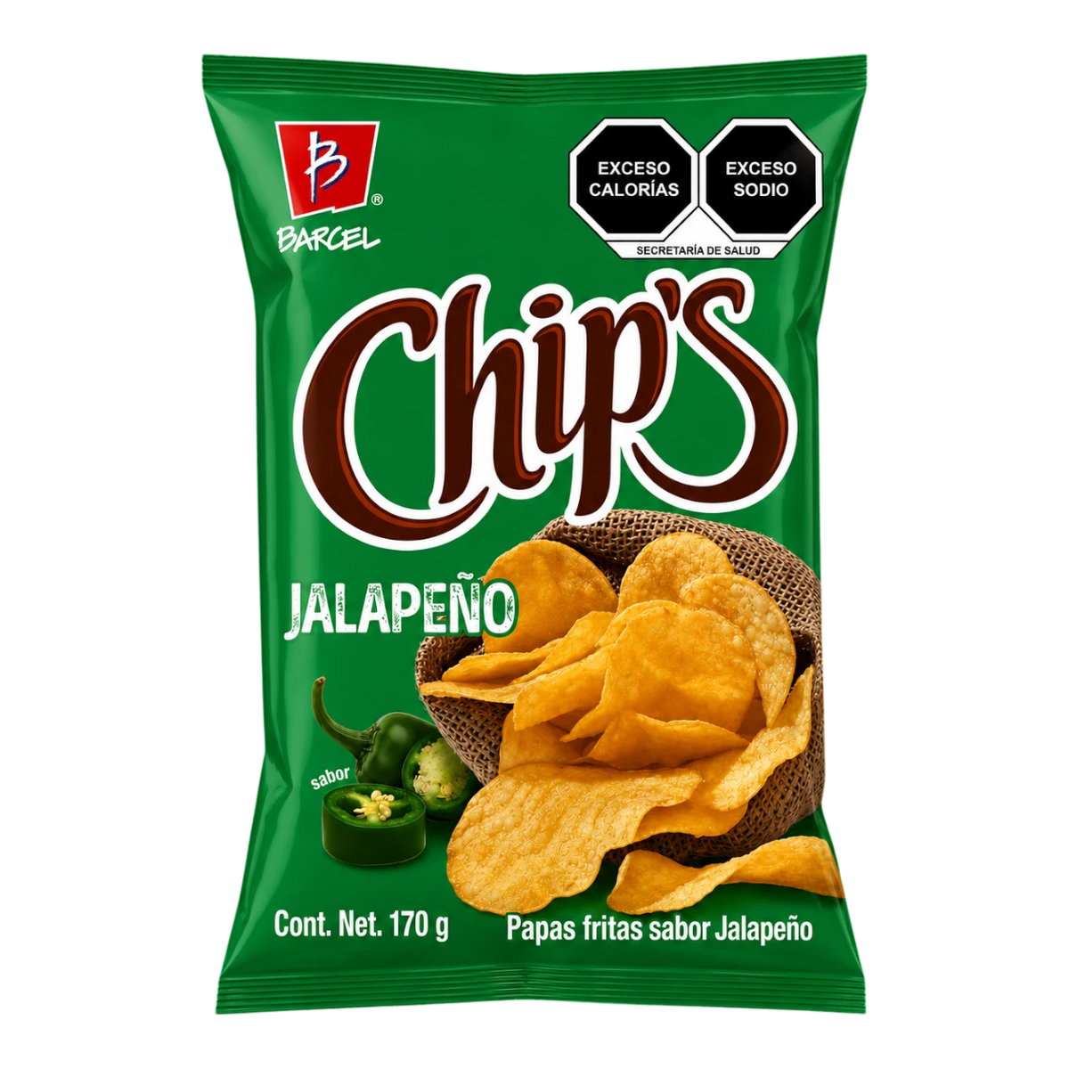 Dulceria 915 Chips Jalapeno potato chips, 170g bag with whole and sliced jalapenos.
