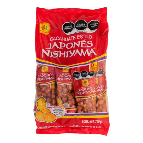 Dulceria 915 bag of Japanese Nishiyama peanuts, 12 individually wrapped snacks, 720g total. Roasted peanuts with a crunchy coating.