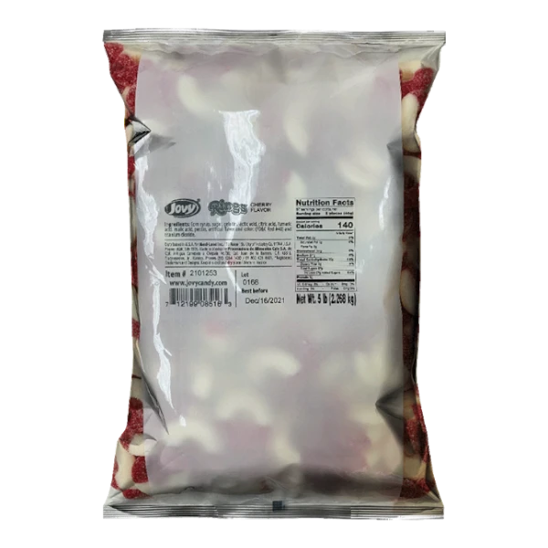 Dulceria 915 Jovy Cherry Gummy Rings, 5 lb bag. Cherry flavored gummy candy rings with red and white colors.