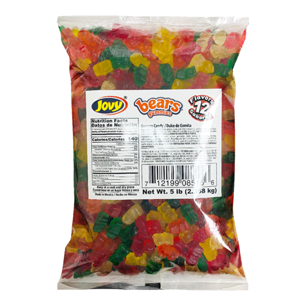 Dulceria 915 Jovy Gummy Bears, a 5lb bag of assorted fruit-flavored gummy bears in red, green, yellow, and orange.