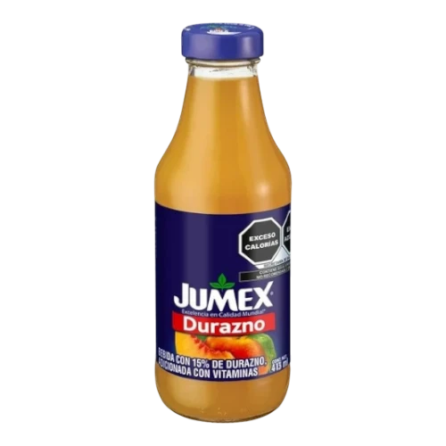 Dulceria 915 Jumex Durazno peach nectar drink in a glass bottle with a blue cap, 413 ml.