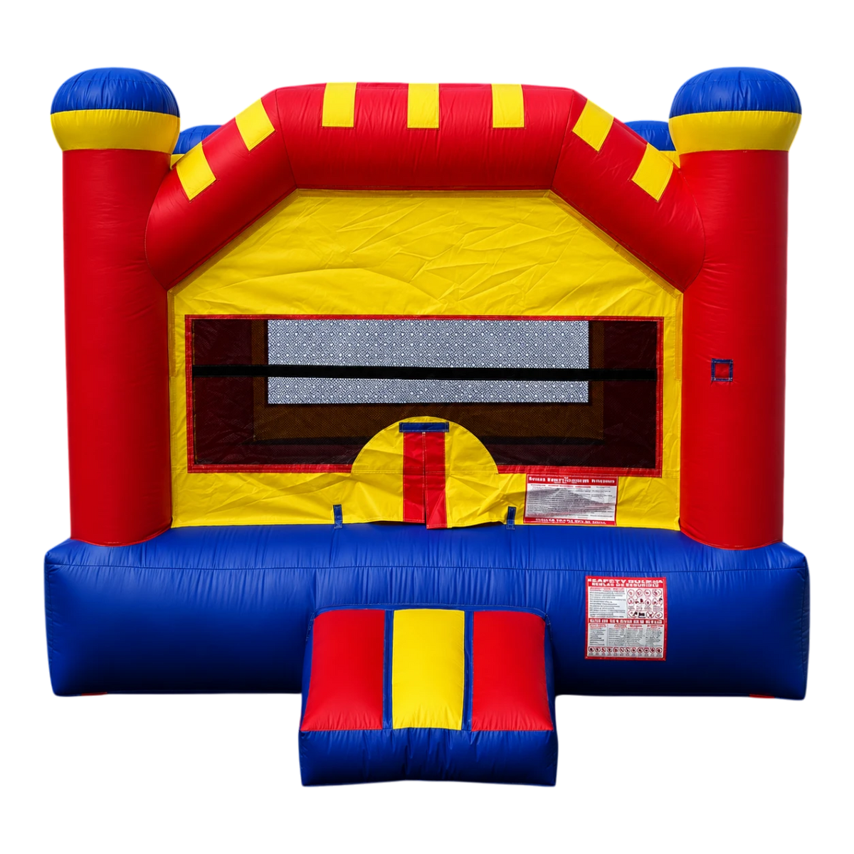 Dulceria 915 red, yellow, and blue castle-themed bounce house with mesh windows and inflatable ramp.