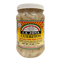 Dulceria 915 La Joya Cueritos seasoned pork rinds in brine, 16 oz jar with jalapeño peppers and carrots.