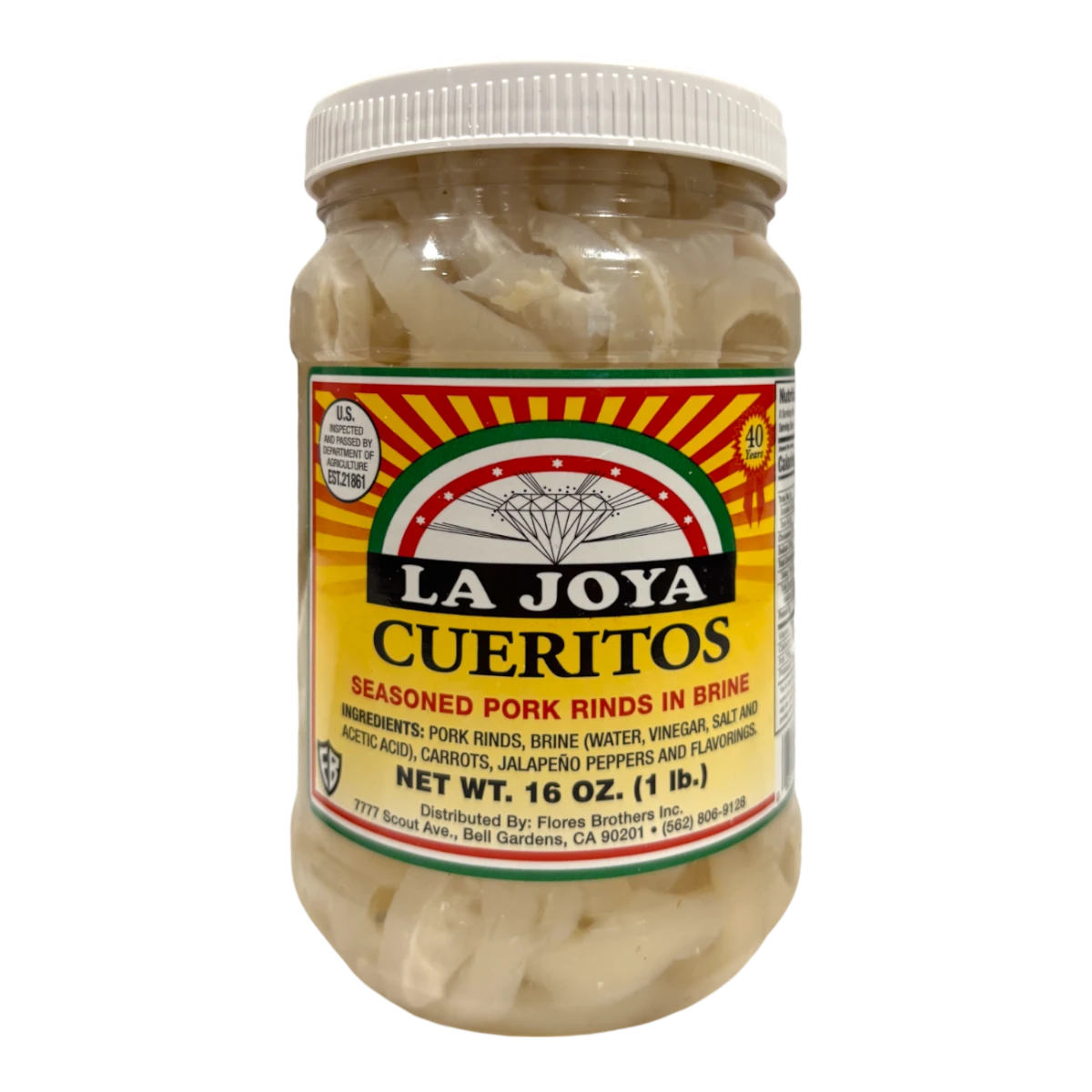 Dulceria 915 La Joya Cueritos seasoned pork rinds in brine, 16 oz jar with jalapeño peppers and carrots.