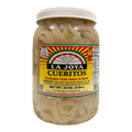 Dulceria 915 La Joya Cueritos seasoned pork rinds in brine, 32 oz jar. Pork rinds are white and ring-shaped, submerged in clear brine with visible carrots and jalapenos.