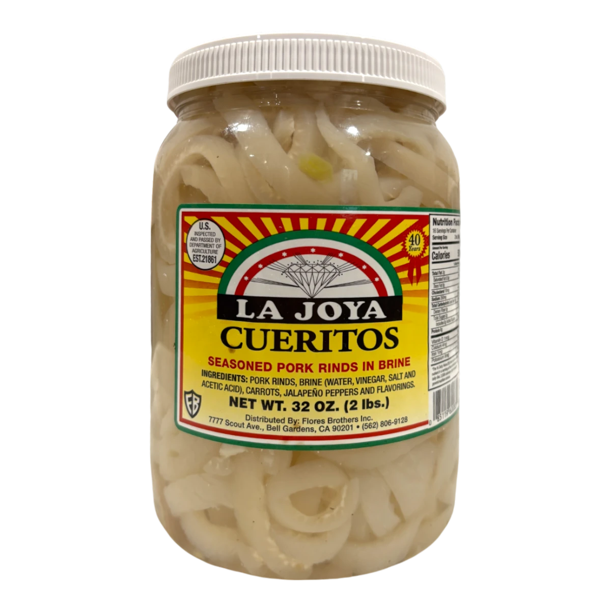 Dulceria 915 La Joya Cueritos seasoned pork rinds in brine, 32 oz jar. Pork rinds are white and ring-shaped, submerged in clear brine with visible carrots and jalapenos.