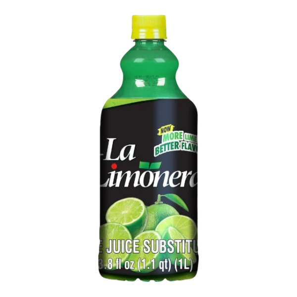 Dulceria 915 La Limonera 1L lime juice substitute bottle with fresh limes and yellow cap.