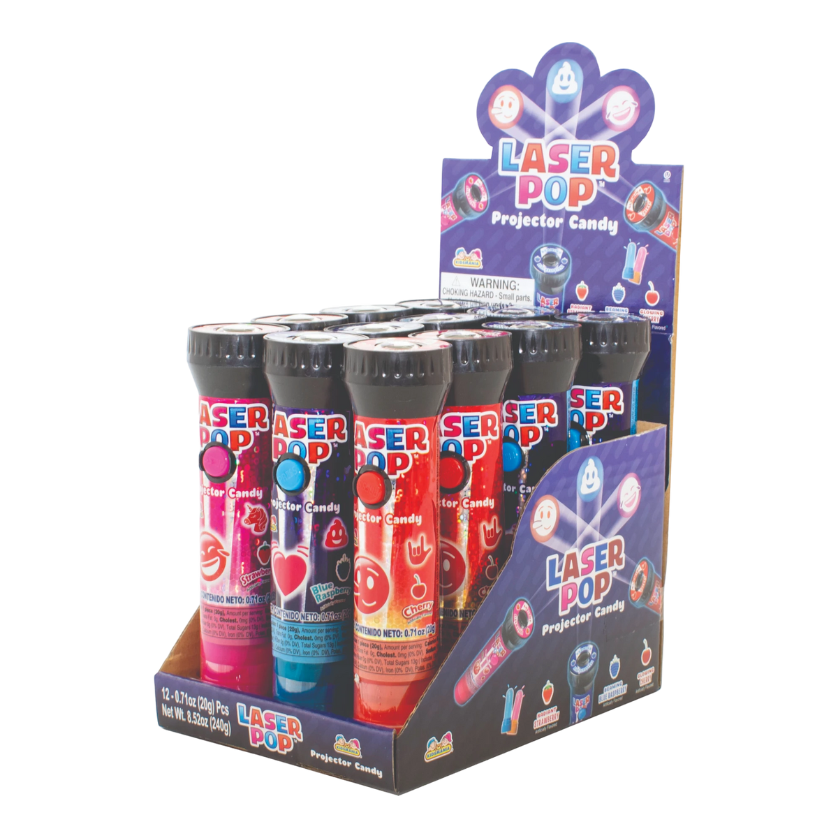 Dulceria 915 Laser Pop projector candy pack of 12, featuring assorted fruit flavors like strawberry, blue raspberry, and cherry.