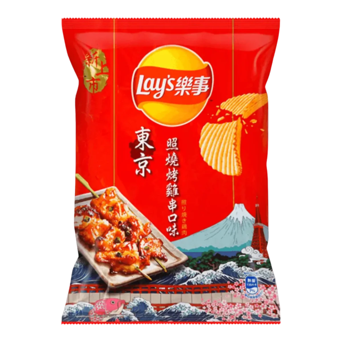 Dulceria 915 Lay's BBQ Chicken Skewers flavor potato chips bag with Tokyo imagery, Mt. Fuji, and cherry blossoms.