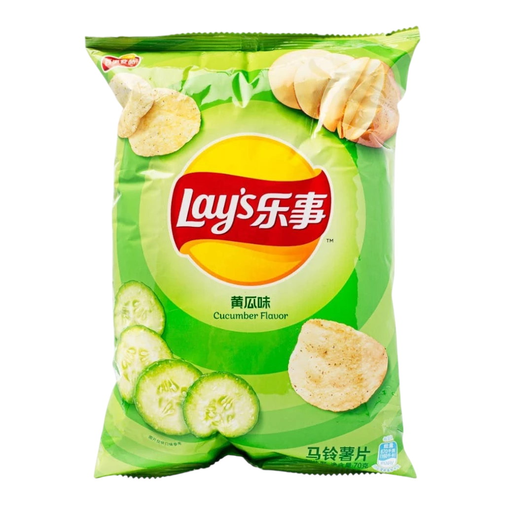 Dulceria 915 Lay's Cucumber Flavor potato chips bag, featuring sliced cucumbers and crispy chips.