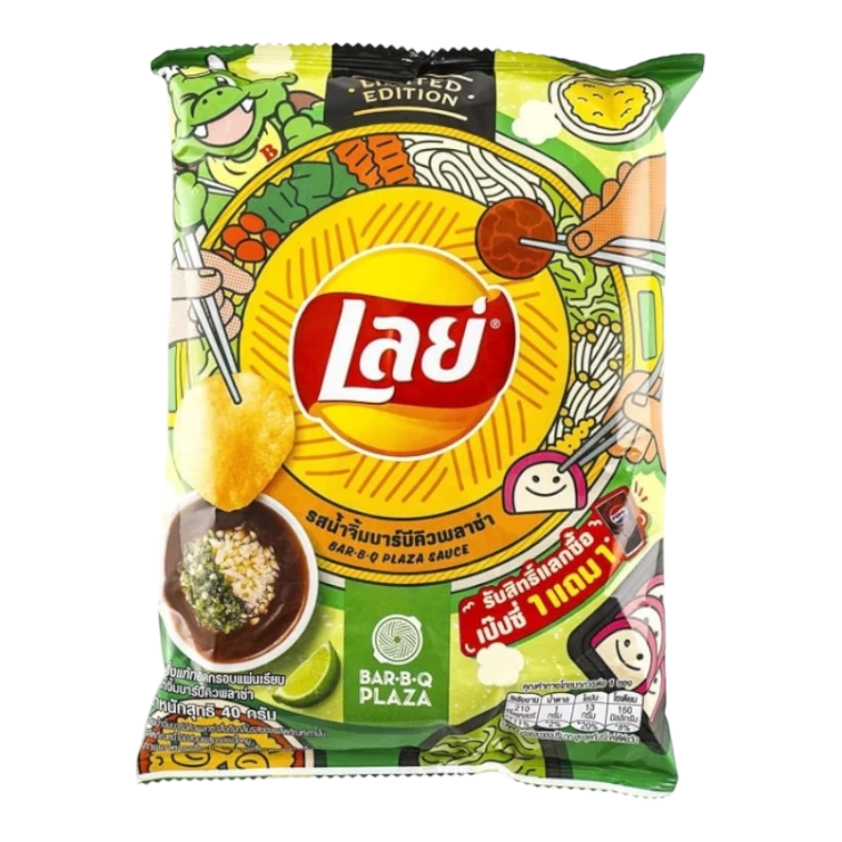 Dulceria 915 Lay's Potato Chips Korean BBQ Flavor 42g bag with cartoon dragon and noodles. Limited edition.
