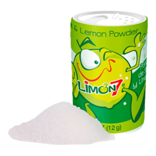 Dulceria 915 Limon 7 Individual lemon and salt powder seasoning in a green can with a cartoon lemon character.