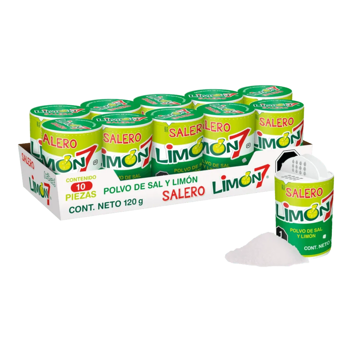 Dulceria 915 Limón 7 Salero, a pack of 10 lime and salt seasoning shakers, with one shaker open and a pile of seasoning.