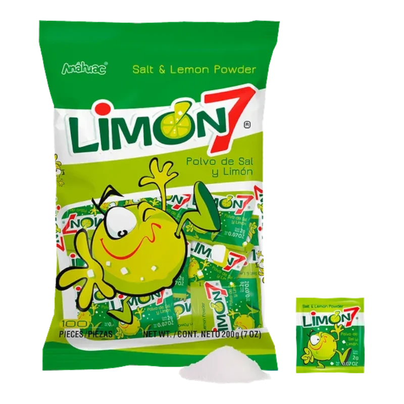 Dulceria 915 Anahuac Limon 7 Salt & Lemon Powder seasoning, 100 pieces in a green bag with a cartoon frog.