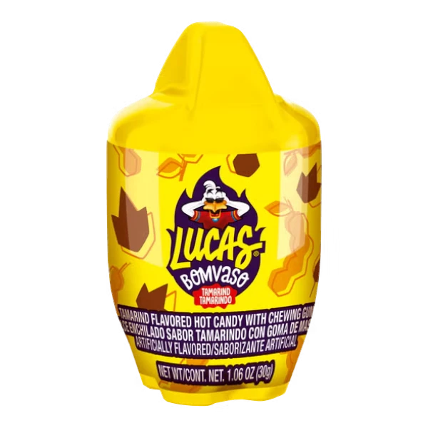 Dulceria 915 Lucas Bomvaso tamarind flavored hot candy with chewing gum in a yellow bottle.