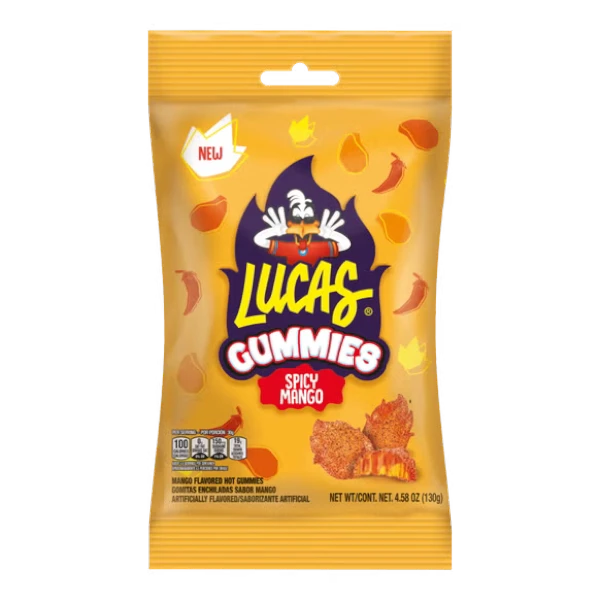 Dulceria 915 Lucas Gummies Spicy Mango flavored gummies covered in chili powder, 130g bag.