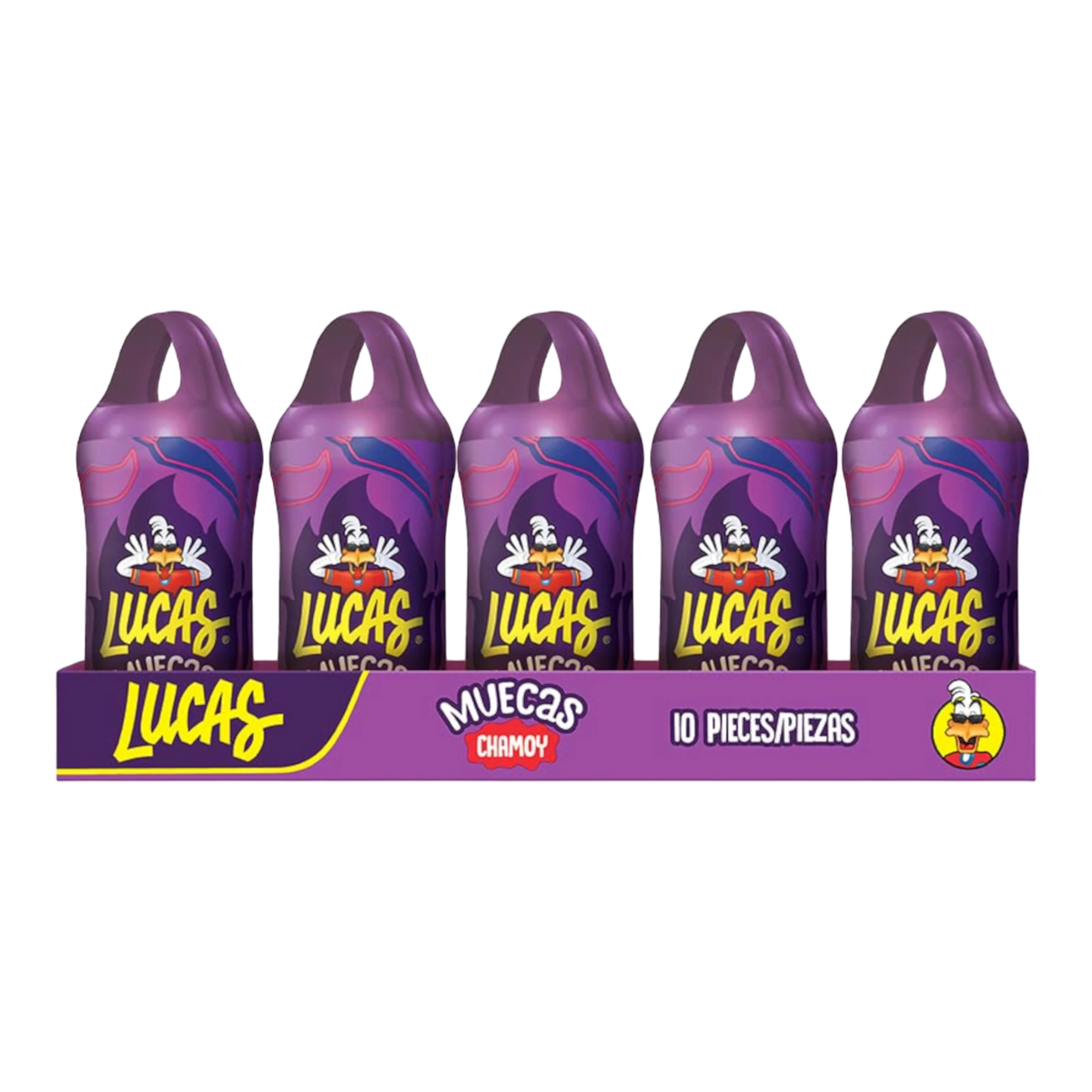 Dulceria 915 Lucas Muecas Chamoy candy pack of 10 purple bottles with flame design