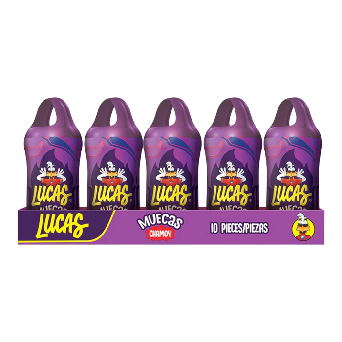 Dulceria 915 Lucas Muecas Chamoy candy pack of 10 purple bottles with flame design