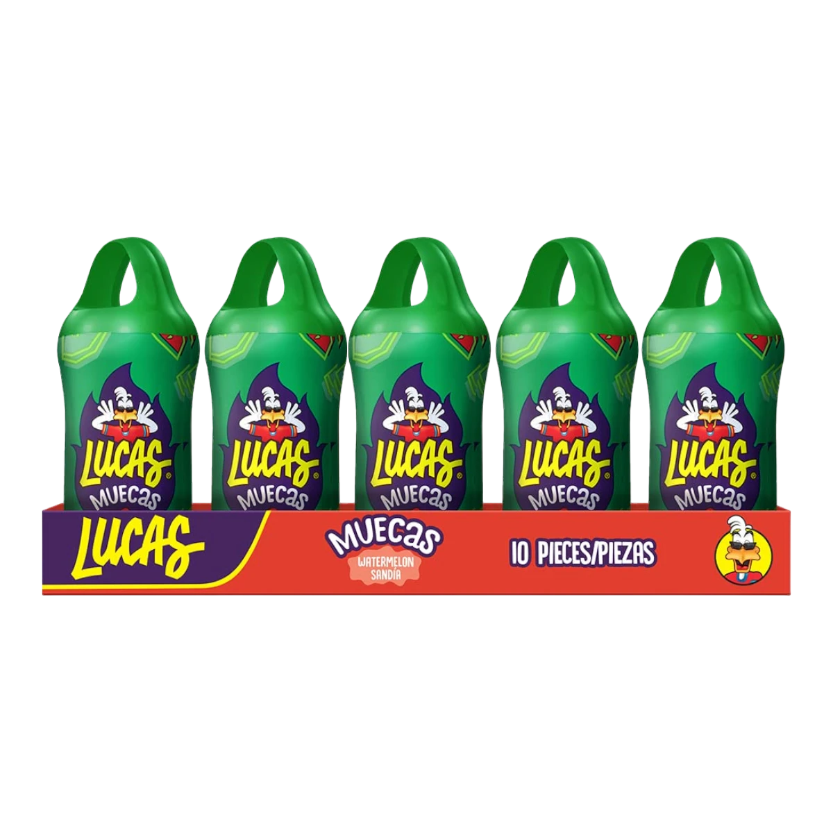 Dulceria 915 Lucas Muecas Watermelon candy pack of 10 green bottles with character design