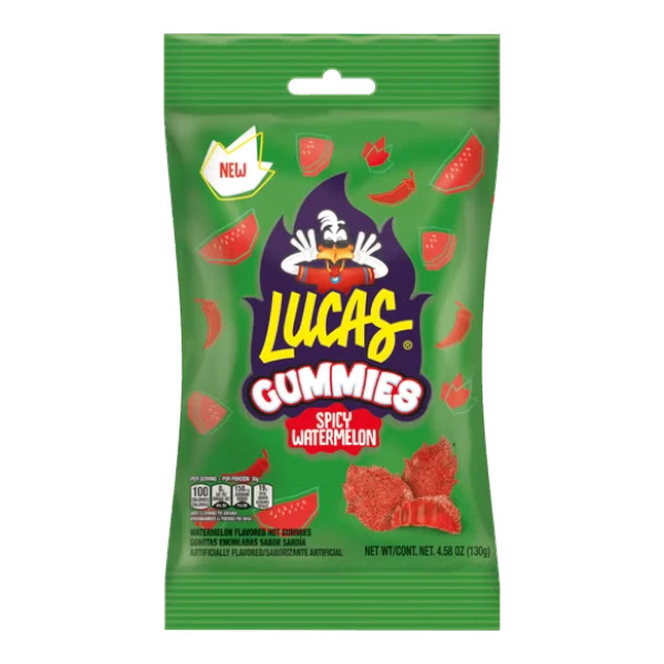 Dulceria 915 Lucas Gummies Spicy Watermelon flavored hot gummies covered in spicy powder, 130g bag.