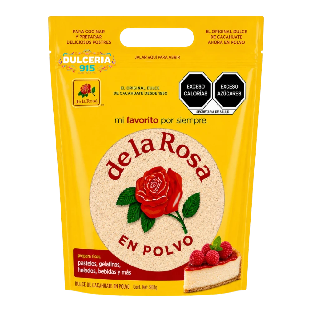 Dulceria 915 de la Rosa Mazapán en Polvo peanut candy powder in a 908g yellow resealable pouch for desserts and drinks.