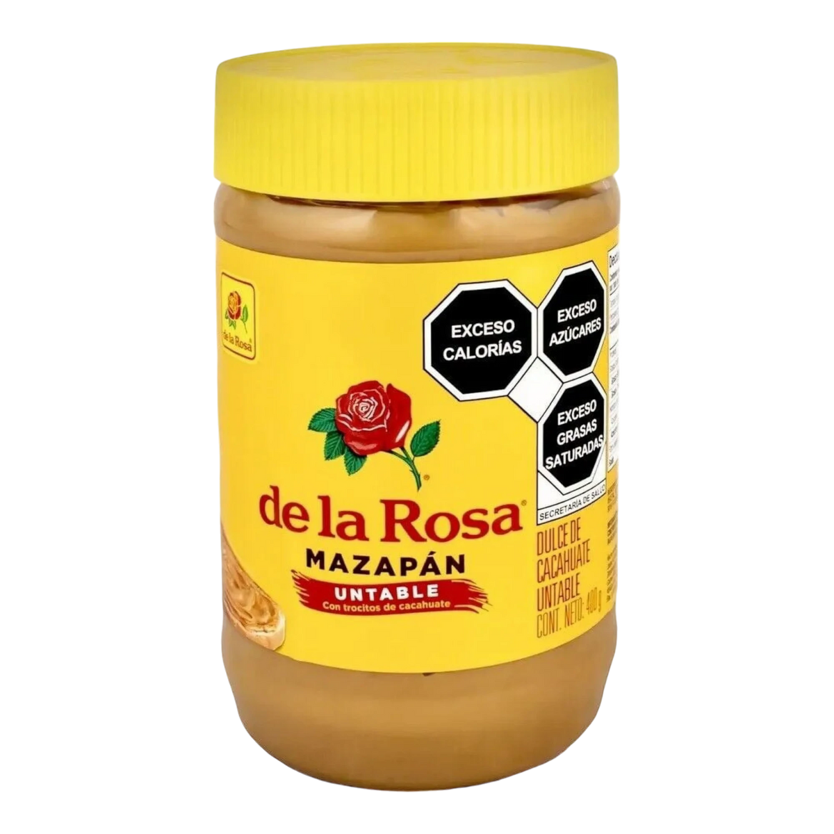 Dulceria 915 De la Rosa Mazapan Untable peanut spread in a yellow jar with a red rose logo.
