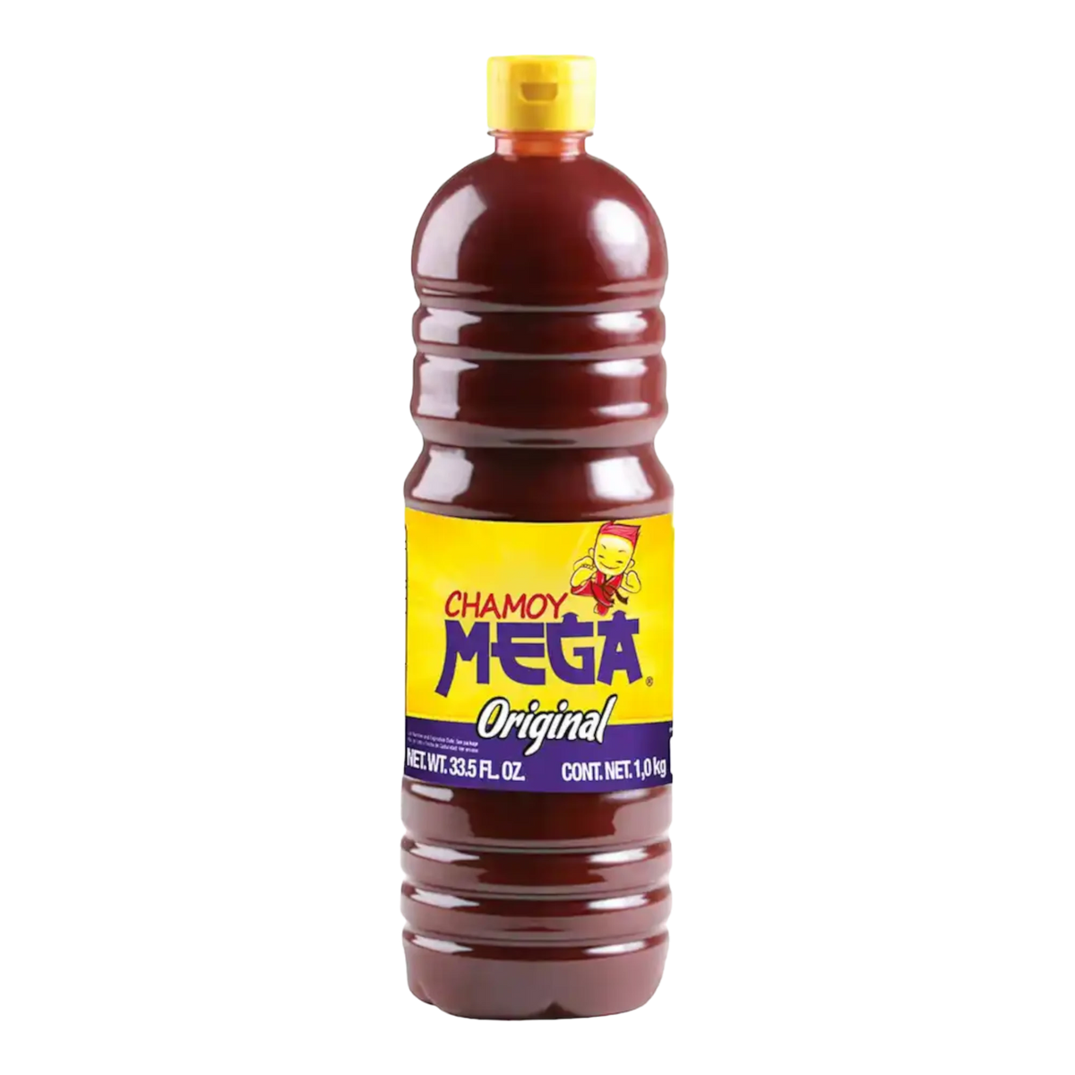 Dulceria 915 Mega Original Chamoy sauce in a large plastic bottle with a yellow cap. The label is yellow and purple.