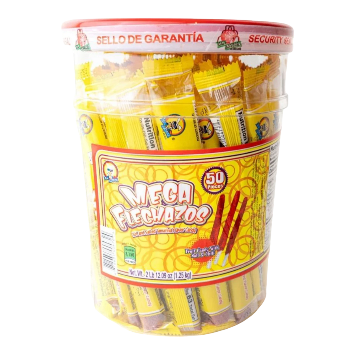 Dulceria 915 Mega Flechazos container with 50 individually wrapped spicy tamarind flavored candies.