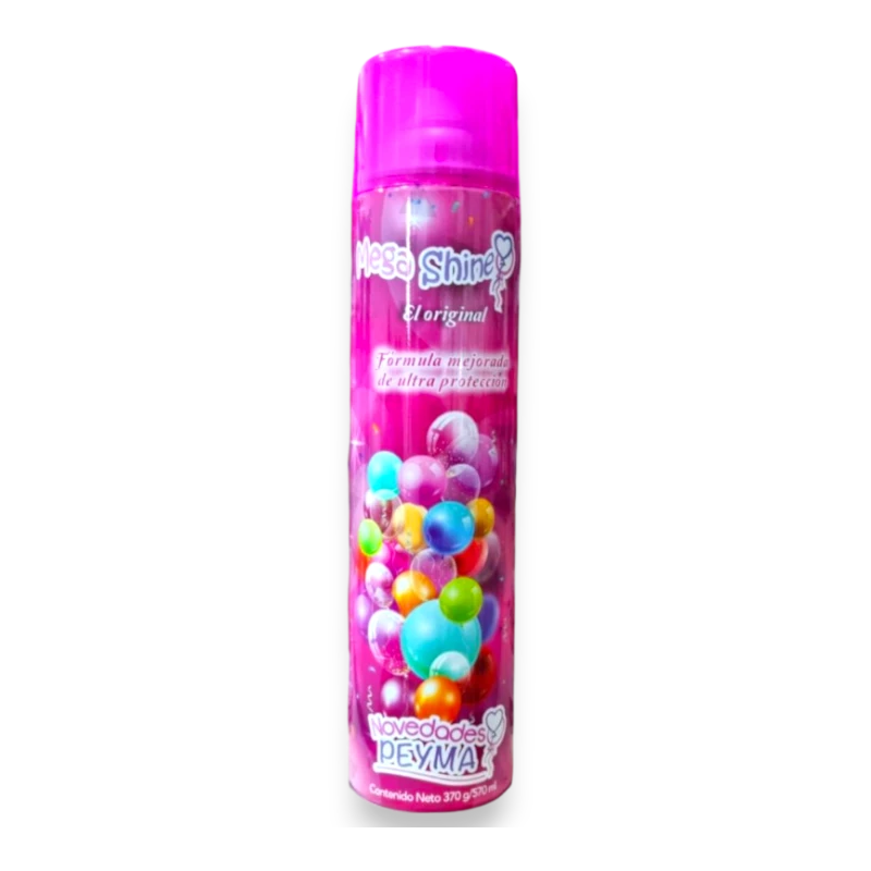 Dulceria 915 Mega Shine balloon polish spray for latex balloons, 570ml, in a pink can with colorful balloon graphics.
