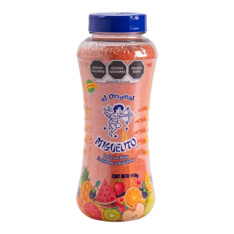 Dulceria 915 Miguelito Chili Powder (950g) in a clear bottle with a blue lid. The label features fruit illustrations and the brand name.