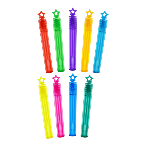 Dulceria 915 mini bubble wands in 10 vibrant colors with star-shaped toppers, 200 piece set for party favors.
