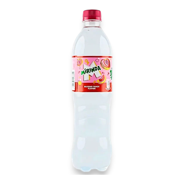 Dulceria 915 Mirinda Baifeng Peach Flavor soda bottle with pink cap and label featuring peaches and the Mirinda logo.