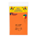 Dulceria 915 orange plastic tablecloth in packaging, 54 by 108 inches, perfect for party table protection.