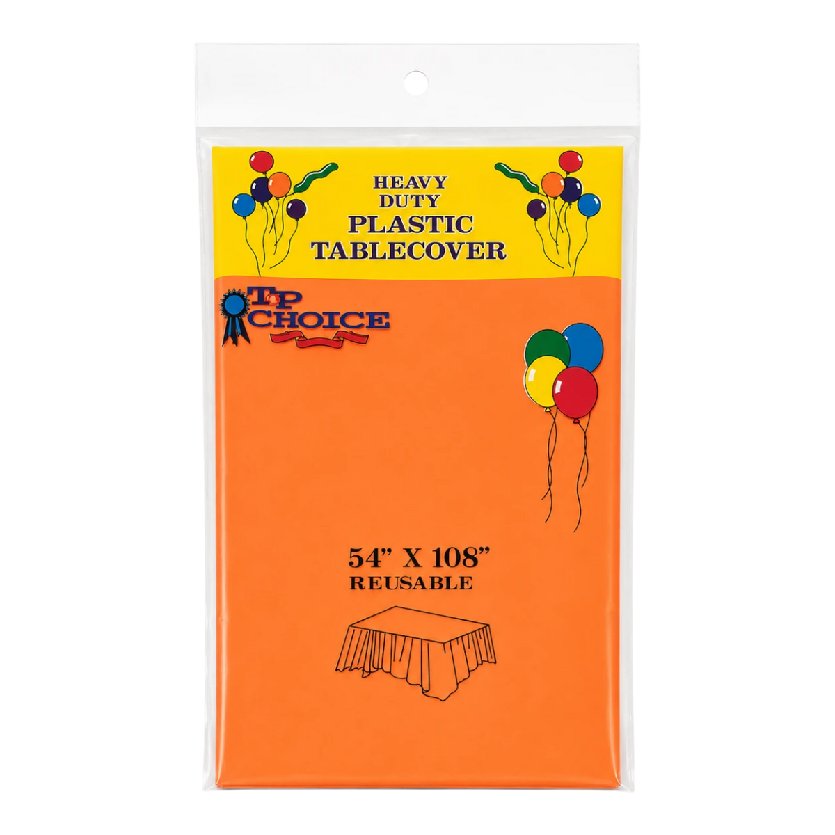 Dulceria 915 orange plastic tablecloth in packaging, 54 by 108 inches, perfect for party table protection.
