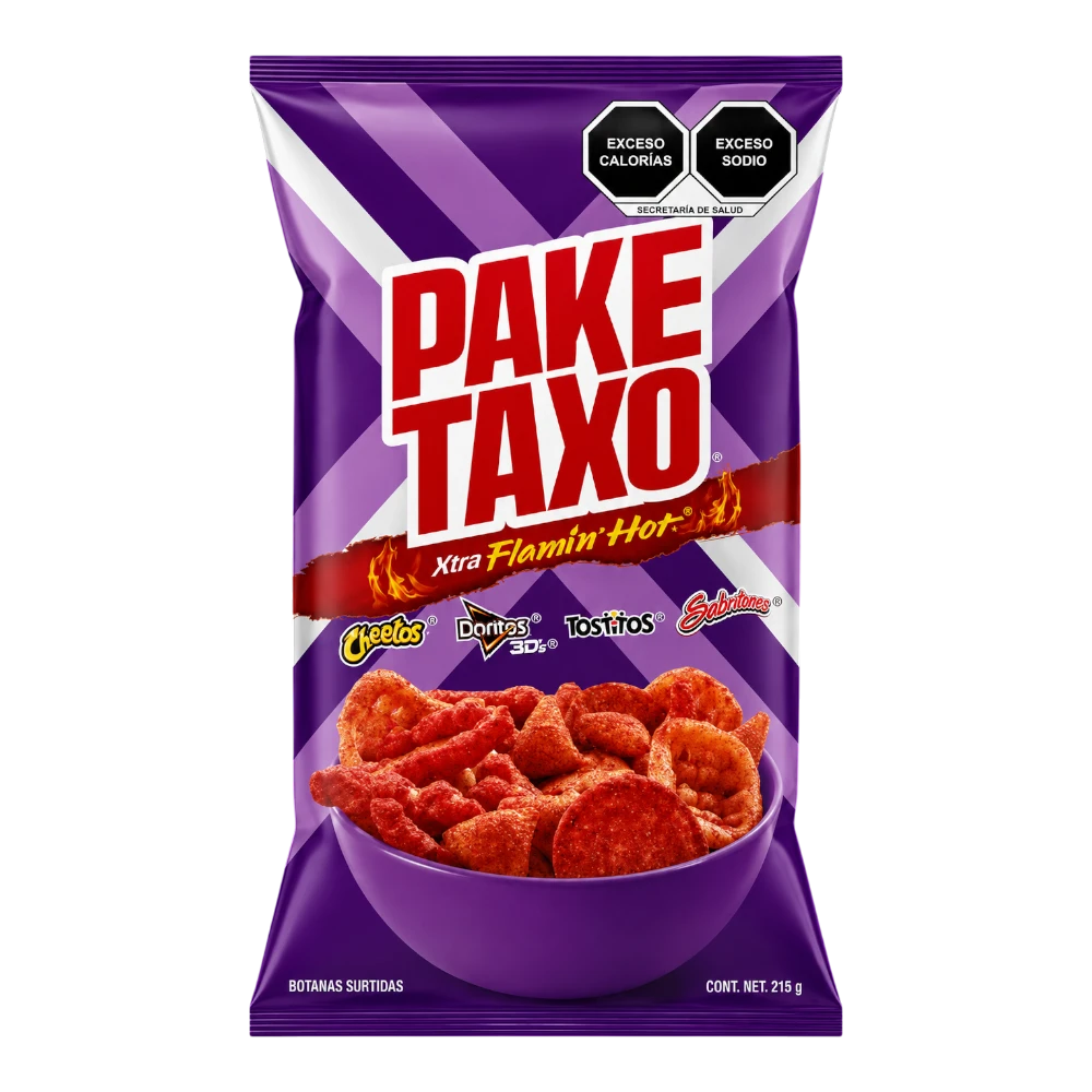 Dulceria 915 Paketaxo Xtra Flamin' Hot mixed snack bag with Cheetos, Doritos 3D, Tostitos, and Sabritones.