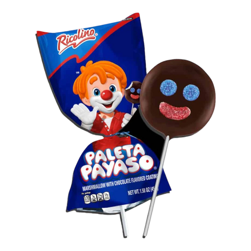 Dulceria 915 Ricolino Paleta Payaso chocolate-covered marshmallow lollipop with blue candy eyes and red candy smile.
