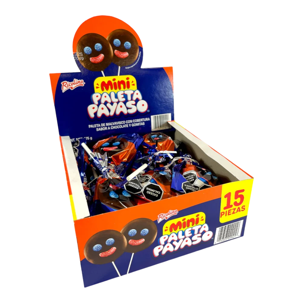 Dulceria 915 Paleta Payaso Mini chocolate-covered marshmallow lollipops with gummy details, 15 pieces.