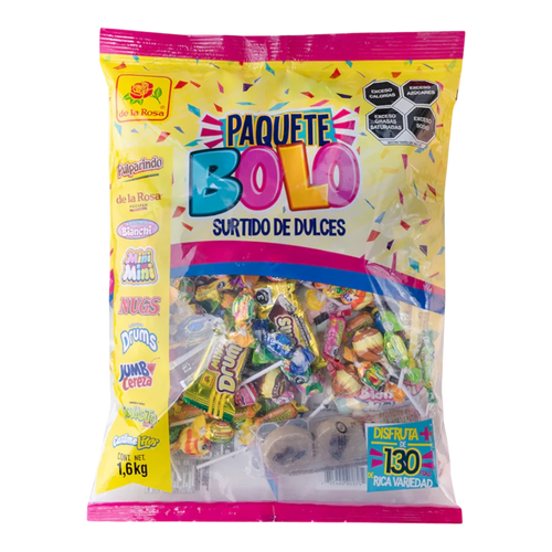 Dulceria 915 Paquete Bolo assorted candy bag featuring Pulparindo, Marzipan, Bianchi chocolates, mini chocolates, Nugs, Drums marshmallows, and lollipops.