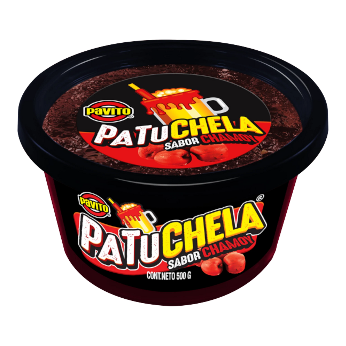 Dulceria 915 Pavito Patuchela Chamoy soft chewy candy in a black tub, 500g. Features bold, tangy, spicy flavor.
