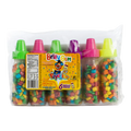 Dulceria 915 Payasito Beiby Gum pack of 6 fruit flavored candies in colorful bottles with nipple-shaped caps.