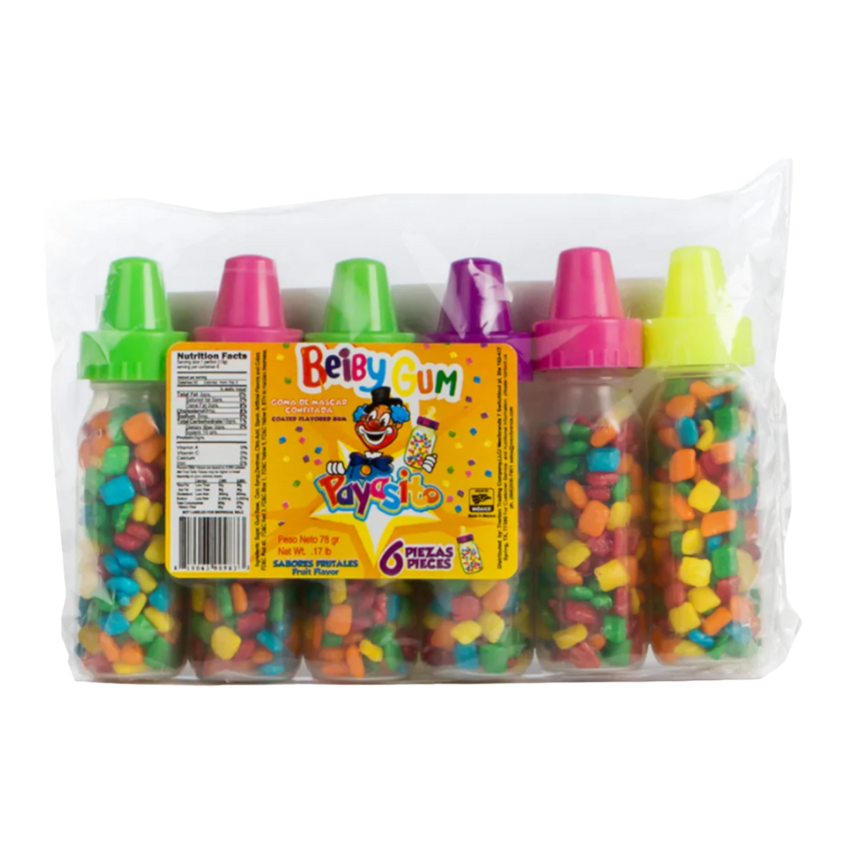 Dulceria 915 Payasito Beiby Gum pack of 6 fruit flavored candies in colorful bottles with nipple-shaped caps.