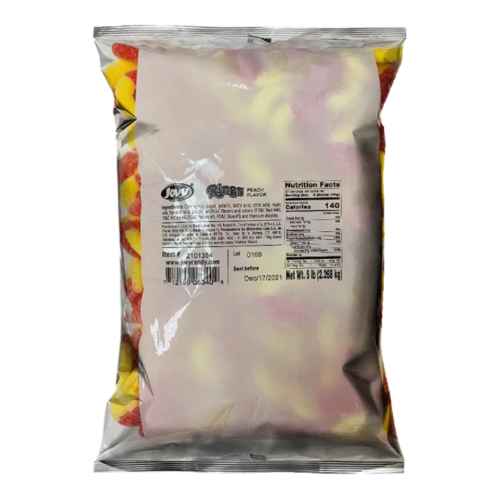 Dulceria 915 Jovy Peach Gummy Rings, 5lb bag. Peach flavored gummy candy rings with yellow and pink colors.