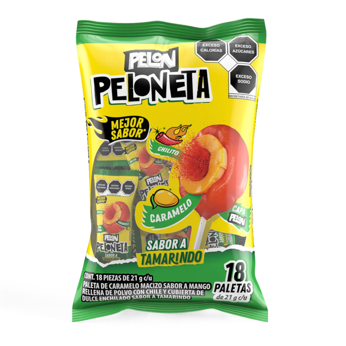 Dulceria 915 Pelon Peloneta mango lollipop with chili powder and tamarind candy coating. Bag of 18.