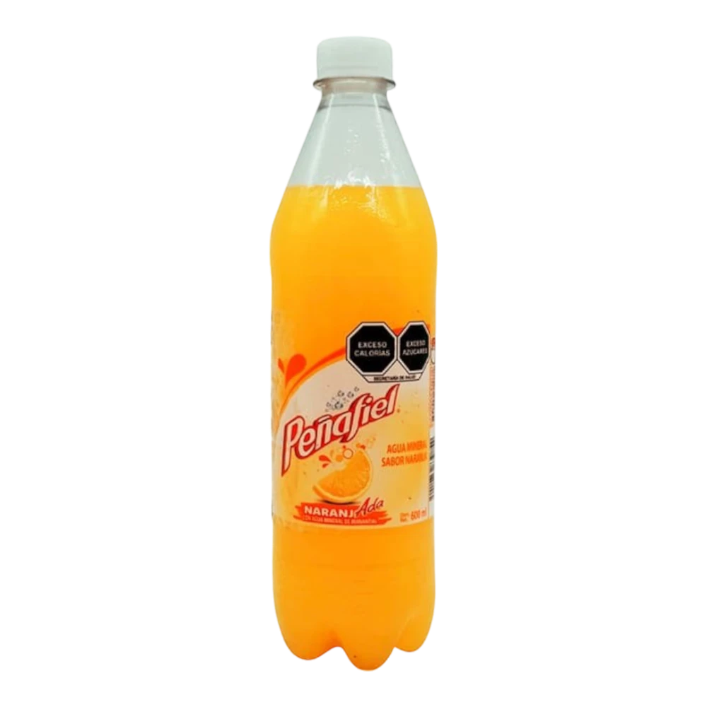 Dulceria 915 Peñafiel Naranja orange soda in a 600ml plastic bottle with a white cap. Features a label with orange slice graphic and nutritional warnings.