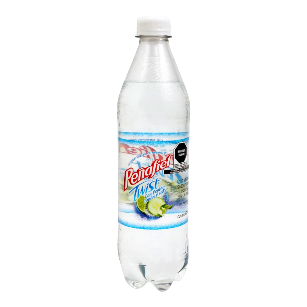 Dulceria 915 Peñafiel Twist sparkling water with cucumber, lime, and salt flavor. Clear beverage in a plastic bottle.
